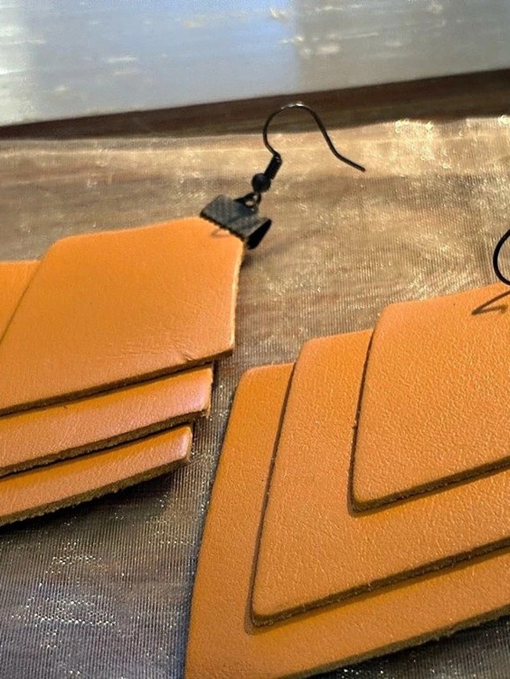 Layered Geometric Earrings in Orange-Brown from Eleven10Leather - 3” inches